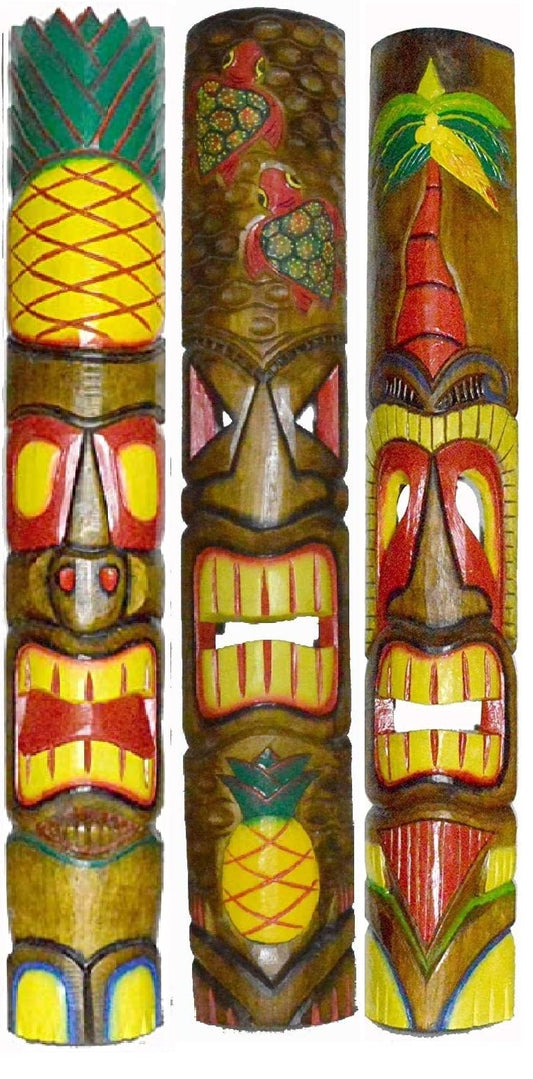 NEW HIBISCUS PALM 39 IN HAND CARVED BEAUTIFUL SET OF 3 POLYNESIAN TIKI GOD MASKS