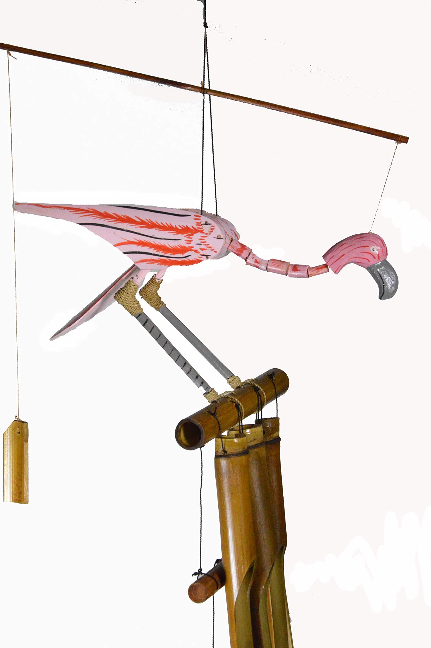 WorldBazzar New Hand Carved Bamboo Wood Pink Flamingo Windchime Tropical Art