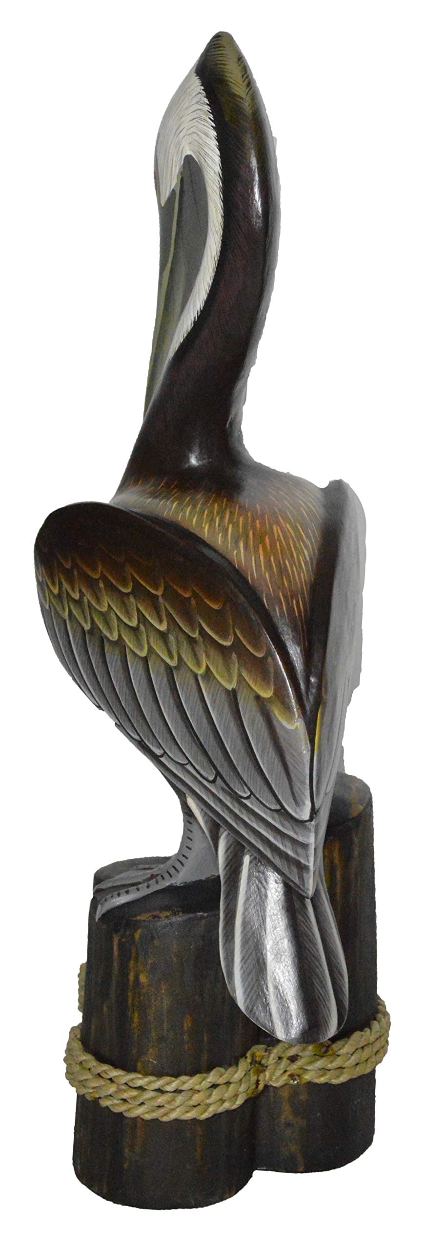 19" Tall Three Post Hand Carved Nautical Wood Pelican Statue Carving Sculpture Art