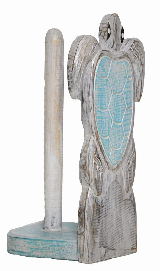 WorldBazzar New Hand Carved Turtle Teal Color Design Paper Towel Holder Wood Carving Nautical Statue Kitchen Gadget Sculpture Brown, Blue, White Wash, White, Wash, Aqua, Teal, Green, Marine