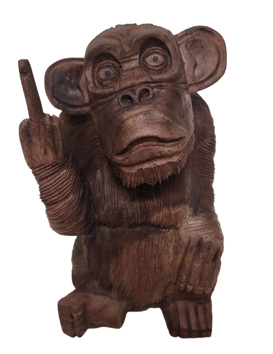 WorldBazzar Large 12" Hand Carved Wooden Monkey with Middle Finger Bad Statue Tiki Décor One of a Kind