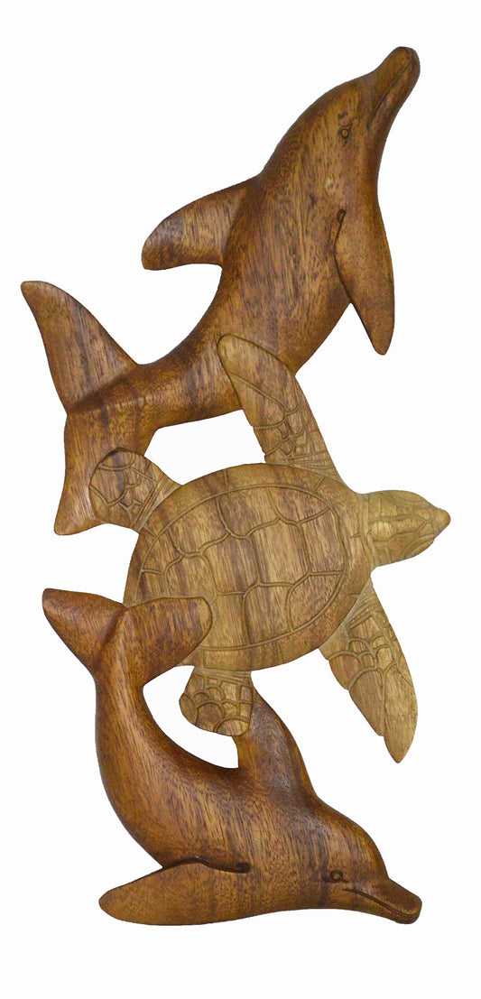 WorldBazzar HAND CARVED BEAUTIFUL WOOD TURTLE DOLPHIN WALL SCULPTURE PLAQUE, BROWN, LIGHT BROWN