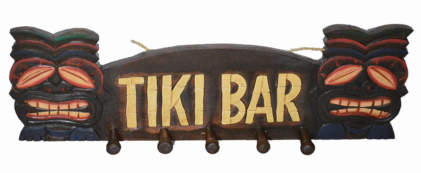 Hand Carved TIKI BAR With TWO MASKS beach Towel Hanger Holder Surfboard Wooden Wall Hanging Art Sign Tiki Bar