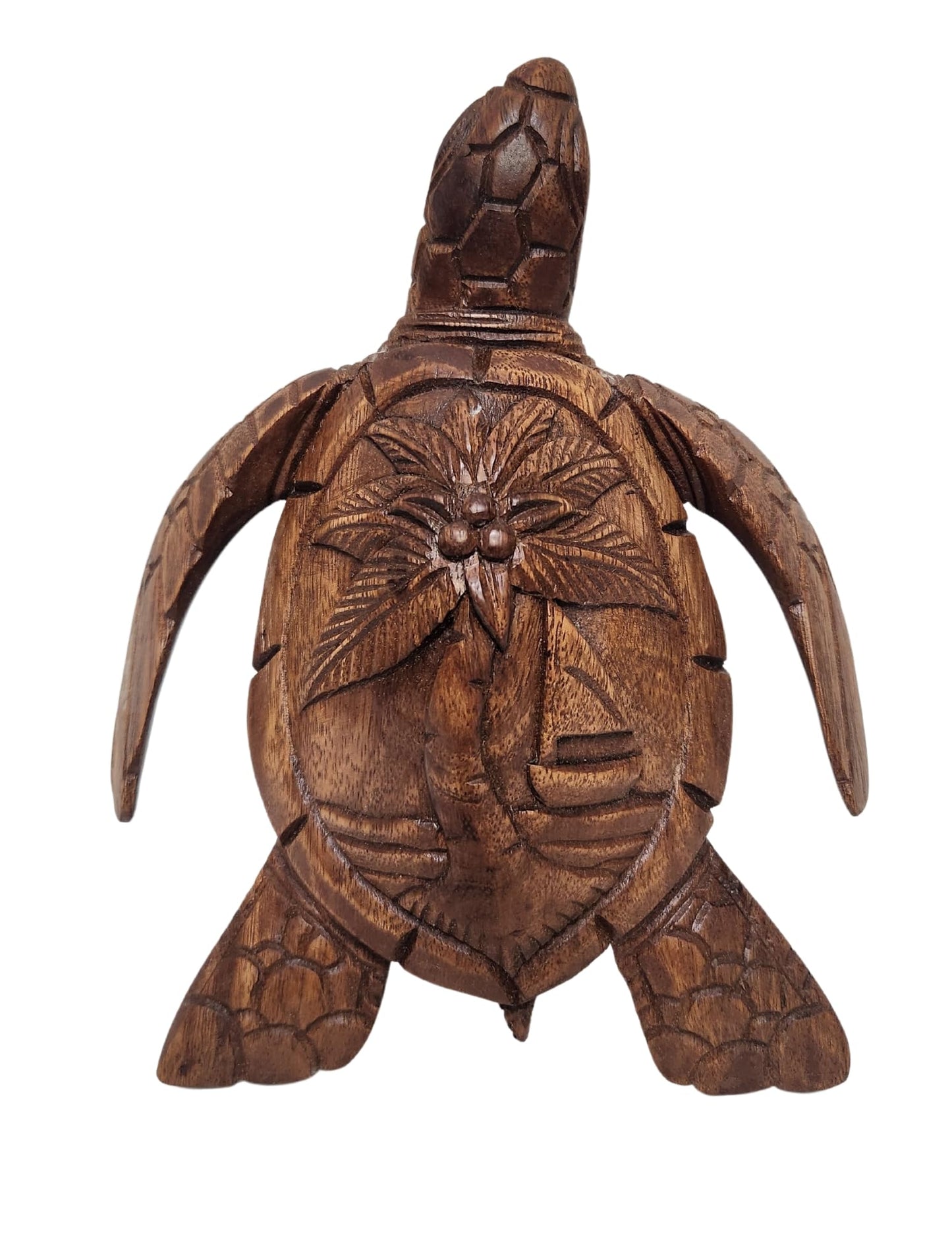 Hand Carved Mahogany Turtle with Detailed Palm Tree, Beach, and Sailboat Carved Out