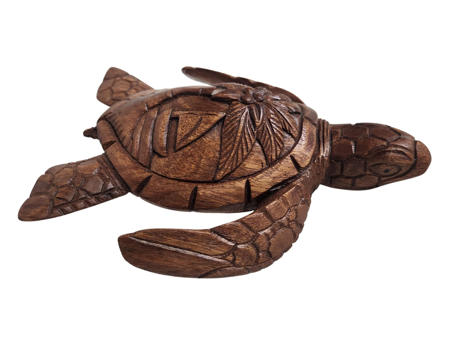 Hand Carved Mahogany Turtle with Detailed Palm Tree, Beach, and Sailboat Carved Out
