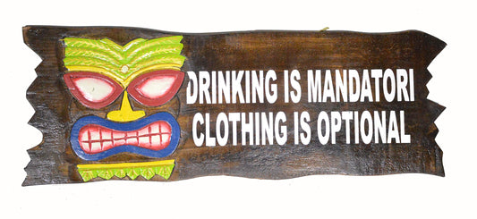 WorldBazzar Hand Carved Wooden Tiki MASK Drinking is MANDATORI, Clothing is Optional Cocktails Drinking Beach Sign