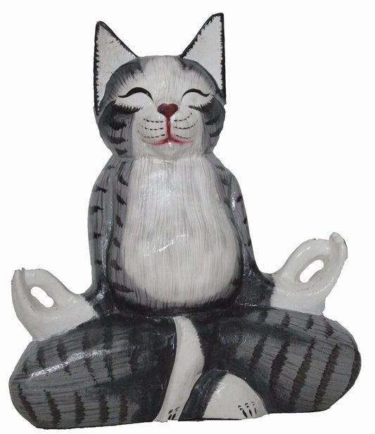 New Lotus Position Meditating Yoga Kitty Statue Hand Painted Carved Wood Praying Cat Kitten Siamese Gray