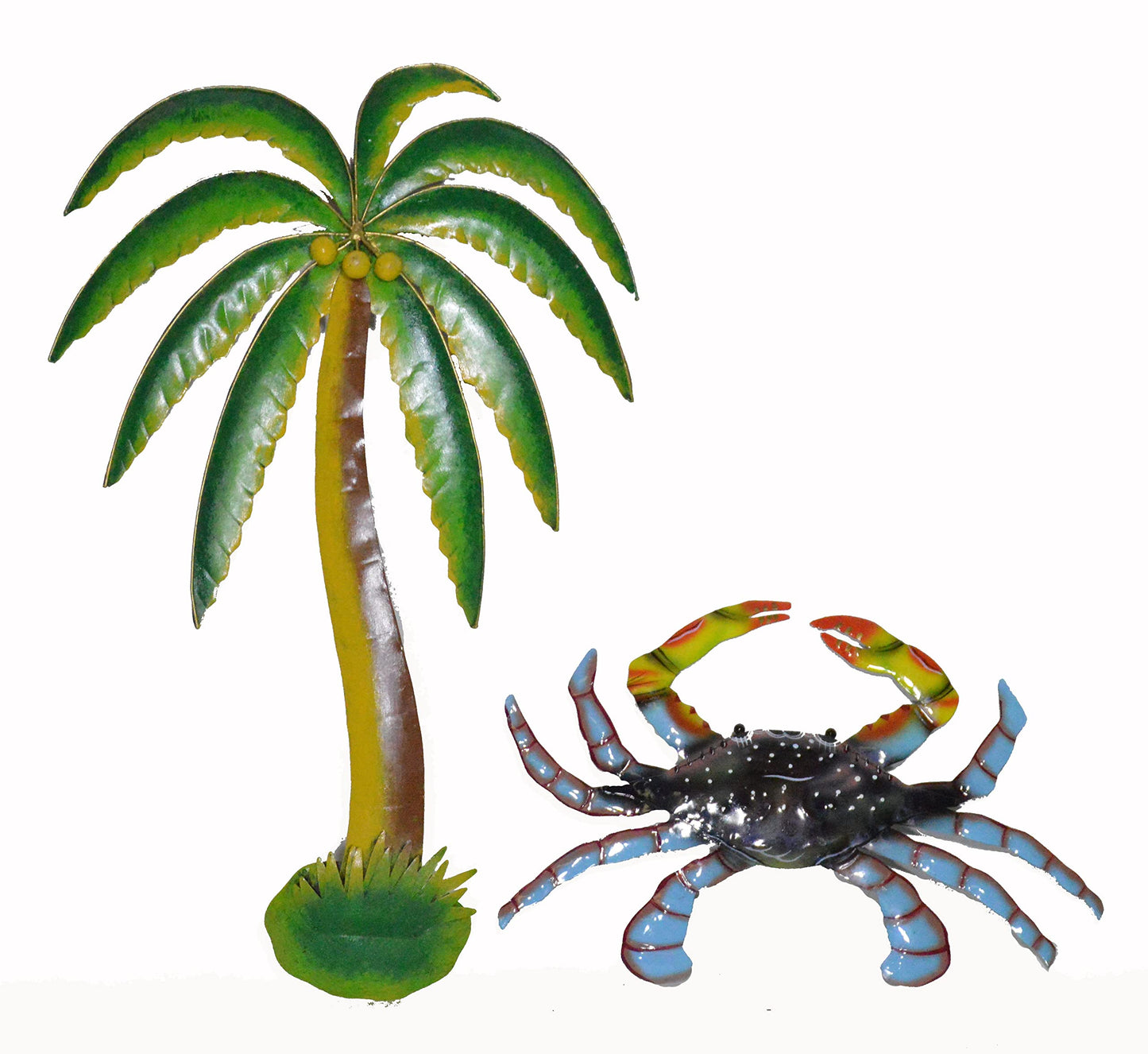 WorldBazzar Handmade Set Metal Blue CRAB and PALM TREE Wall Art Hanging Tropical Nautical Décor 2 Pc Beach Coastal Bathroom Bungalow House Ocean Sea Salt Life