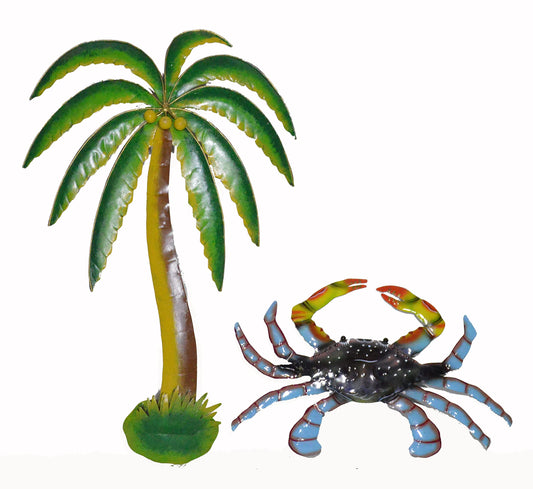 WorldBazzar Handmade Set Metal Blue CRAB and PALM TREE Wall Art Hanging Tropical Nautical Décor 2 Pc Beach Coastal Bathroom Bungalow House Ocean Sea Salt Life