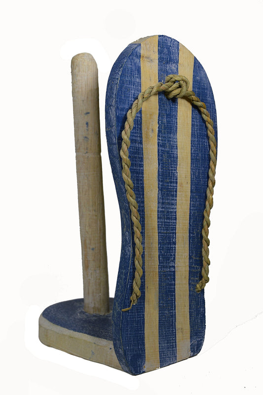 Hand Carved FLIP Flop Blue Paper Towel Holder Wood Carving Nautical Statue Kitchen Gadget Sculpture