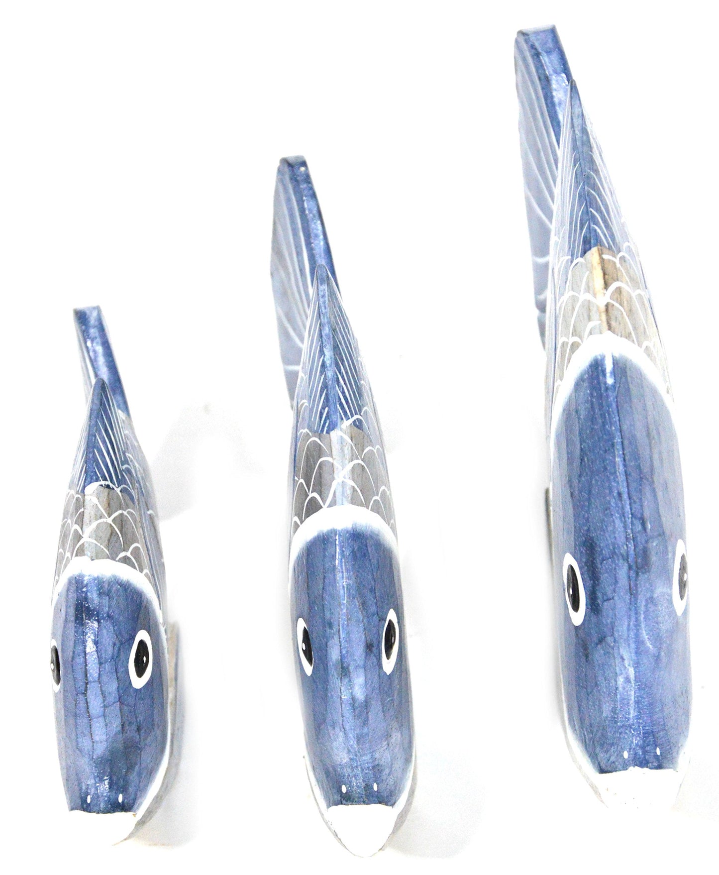 Diaotec Beautiful Unique Set of 3 Blue Wooden Fish Hand Carved Statue Sculpture Art