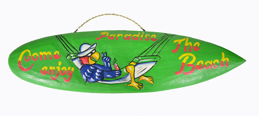 Parrot In Hammock "Come Enjoy The Beach Paradise"Tiki Bar Sign Surfboard Surf Board with Shark Bite