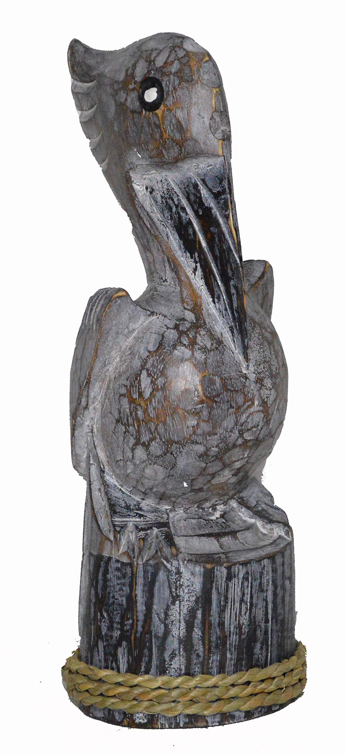 Brown Hand Carved Nautical Wood Pelican Statue Art Rustic Cottage Look 10 inches high