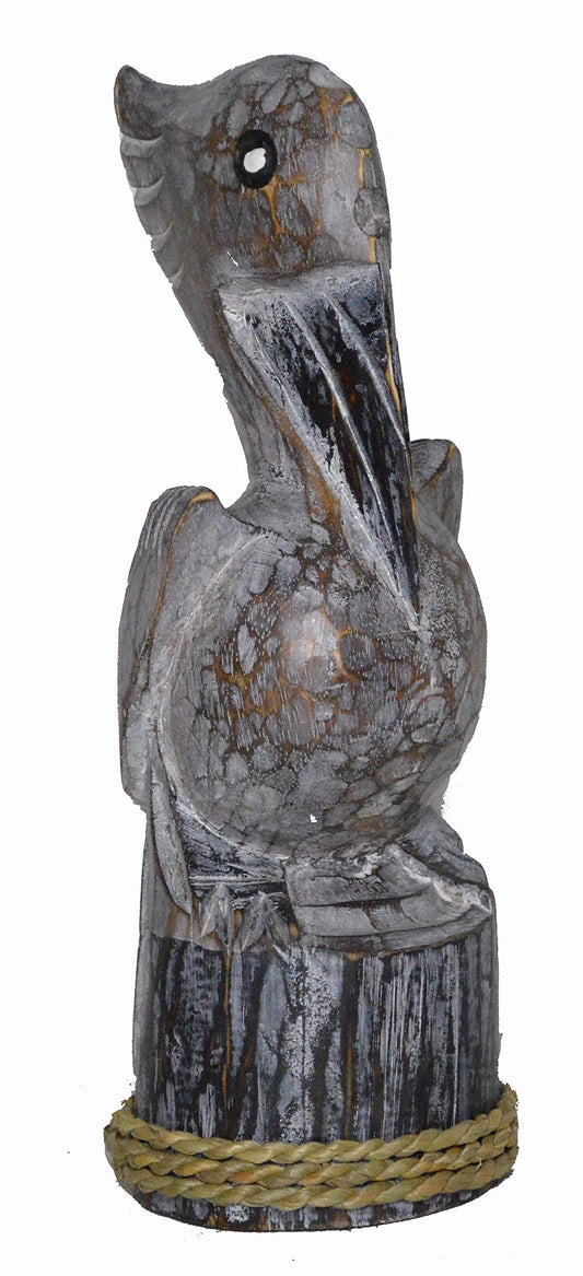 Brown Hand Carved Nautical Wood Pelican Statue Art Rustic Cottage Look 10 inches high