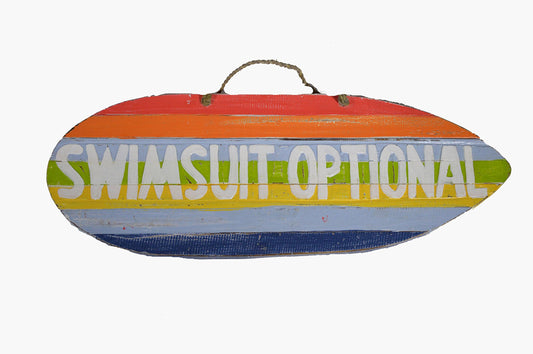 Hand Carved Wooden Swimsuit is Optional Cocktails Drinking Beach Sign (Green)