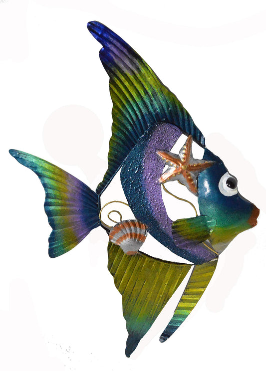 Beautiful Unique Colorful Nautical Angel Fish Metal Shell Wall Art