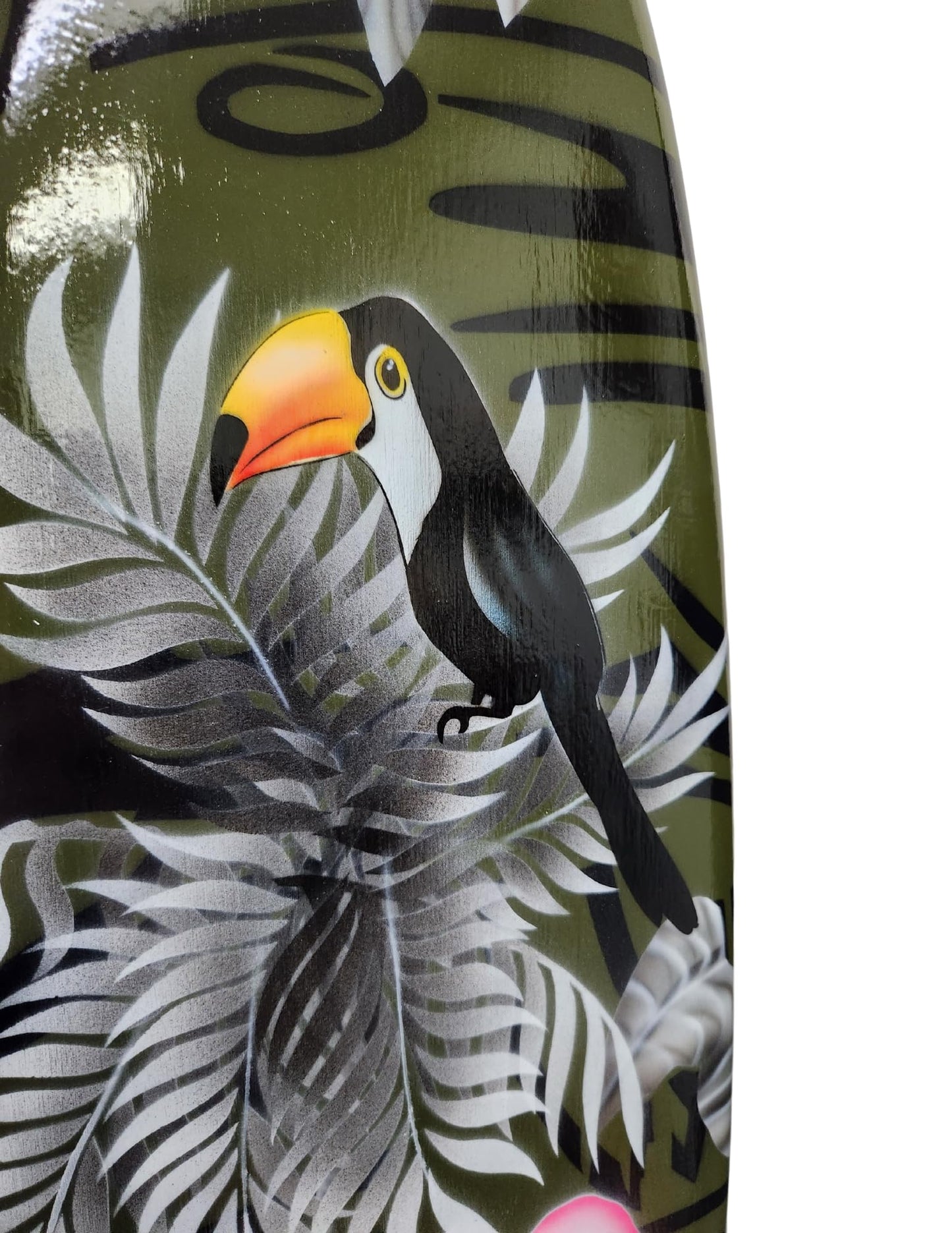 Hand Carved Wooden Large FLAMINGO PARROT TOUCAN Palm Tree Sunset Ocean Beach Art Airbrushed Surfboard Art Beer Tiki Bar