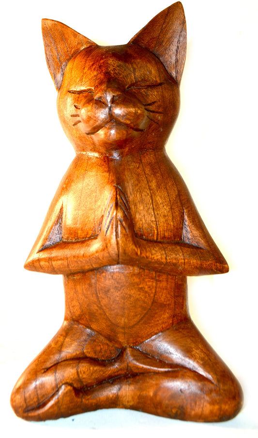 Meditating Yoga Kitty Statue Hand Painted Carved Wood Praying Cat Kitten Siamese