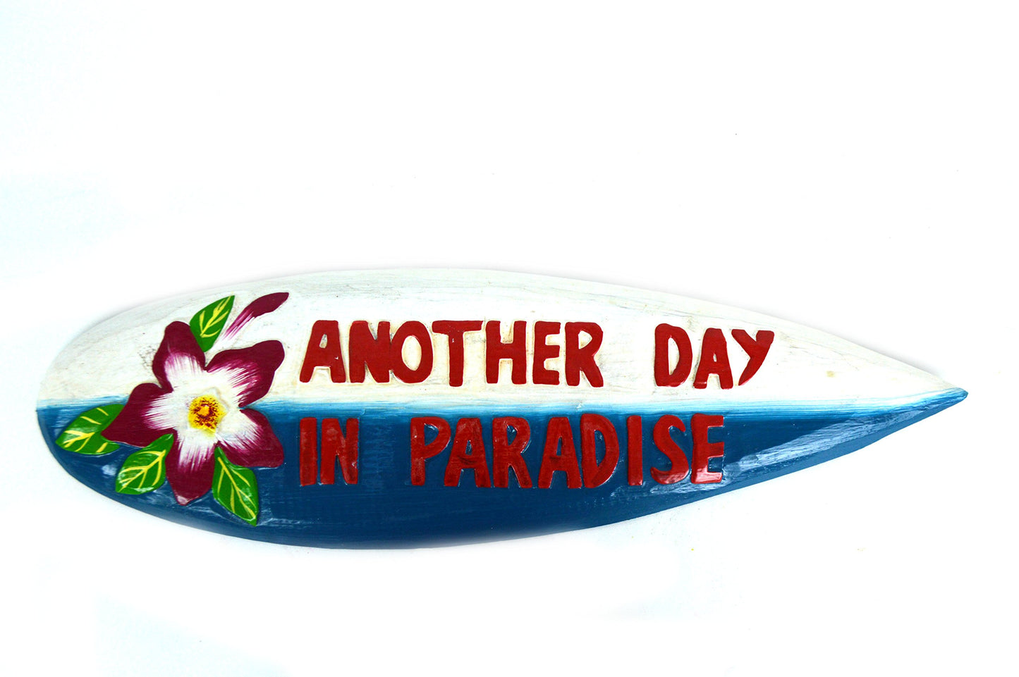 Hand Carved Wooden Blue Hibiscus Flower Another Day in Paradise Cocktails Drinking Beach Surfboard Sign