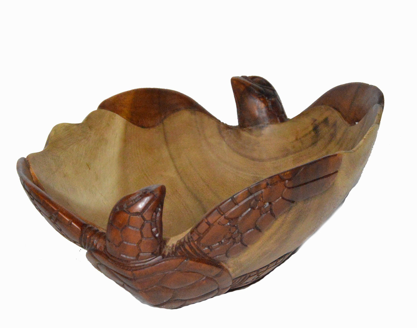 Huge Hand Carved Two Tone Mahogany Wood Nautical TwoTurtles on Bowl