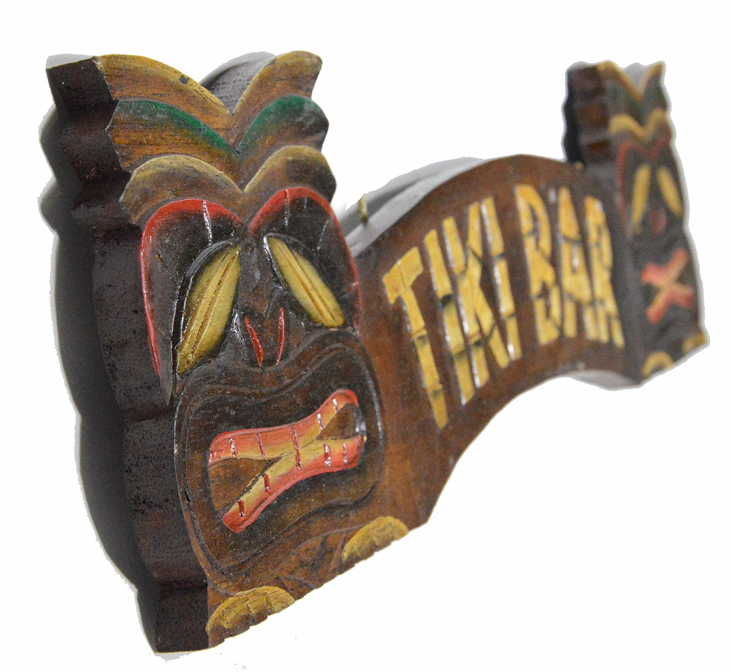 HAND CARVED TIKI BAR SIGN WITH TWO MASKS 3D POLYNESIAN HAWAIIAN ART