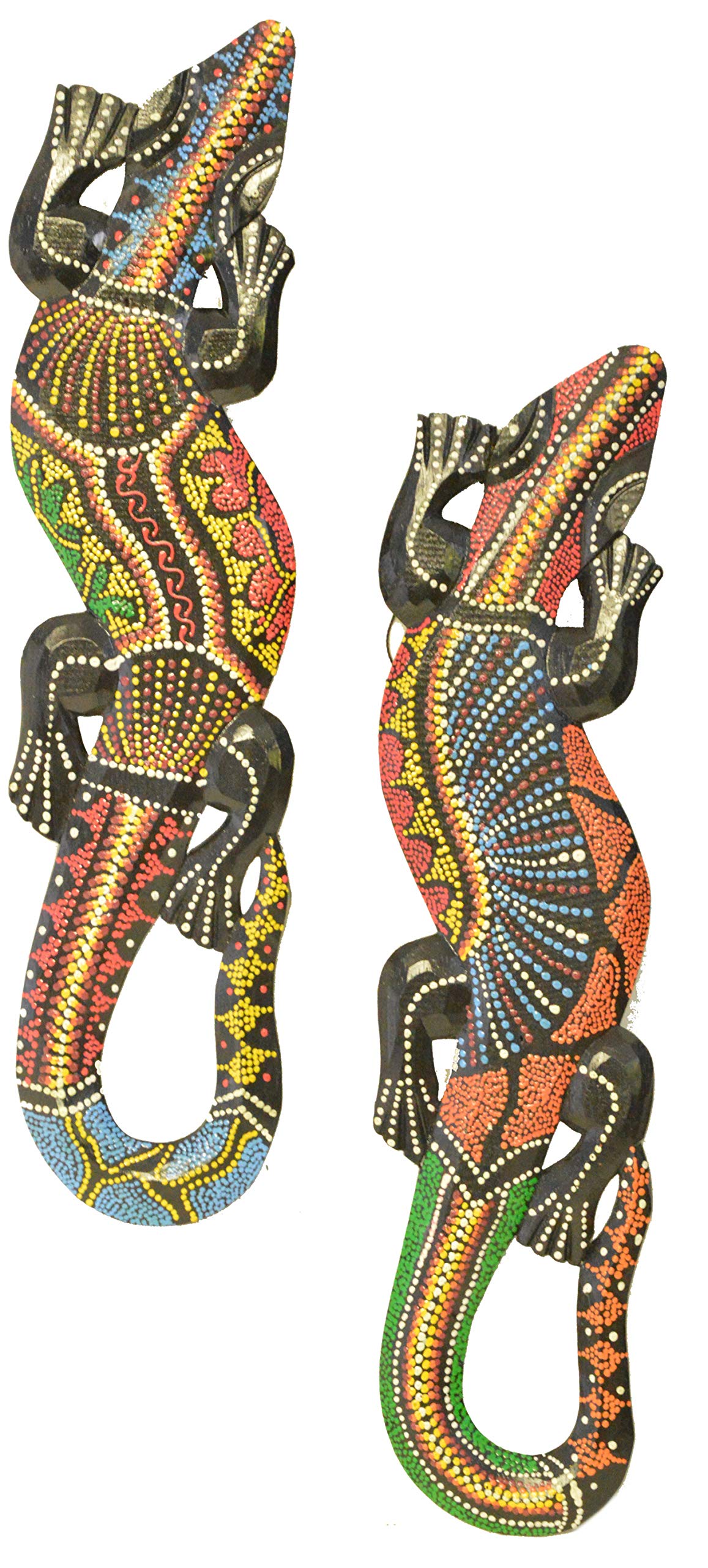 WorldBazzar Set of 2 Beautiful Unique Hand Carved Wooden Aboriginal Dot Gecko Lizard Tropical Island Wall Art 20"