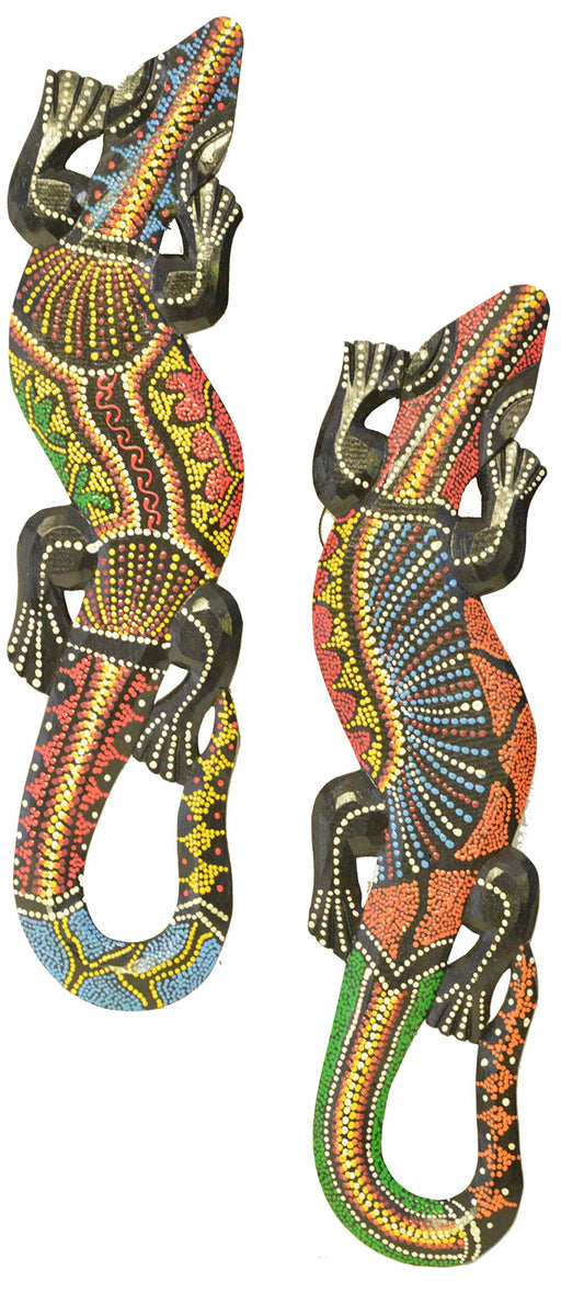 WorldBazzar Set of 2 Beautiful Unique Hand Carved Wooden Aboriginal Dot Gecko Lizard Tropical Island Wall Art 20"