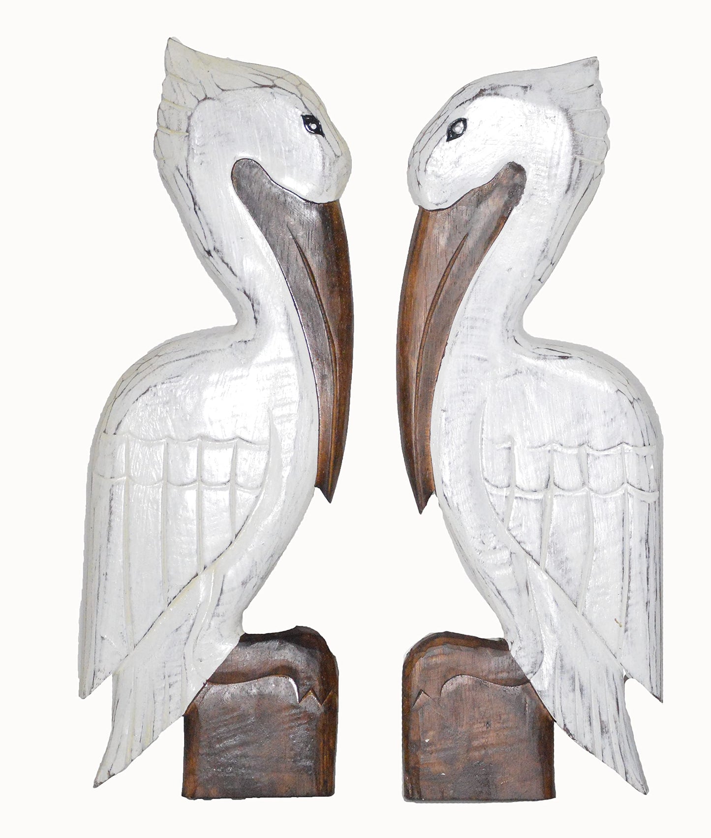 Huge Set of 2 Hand Carved White Wood Pelicans Wall Art Hang on Wood Piling, Tropical Nautical Decor