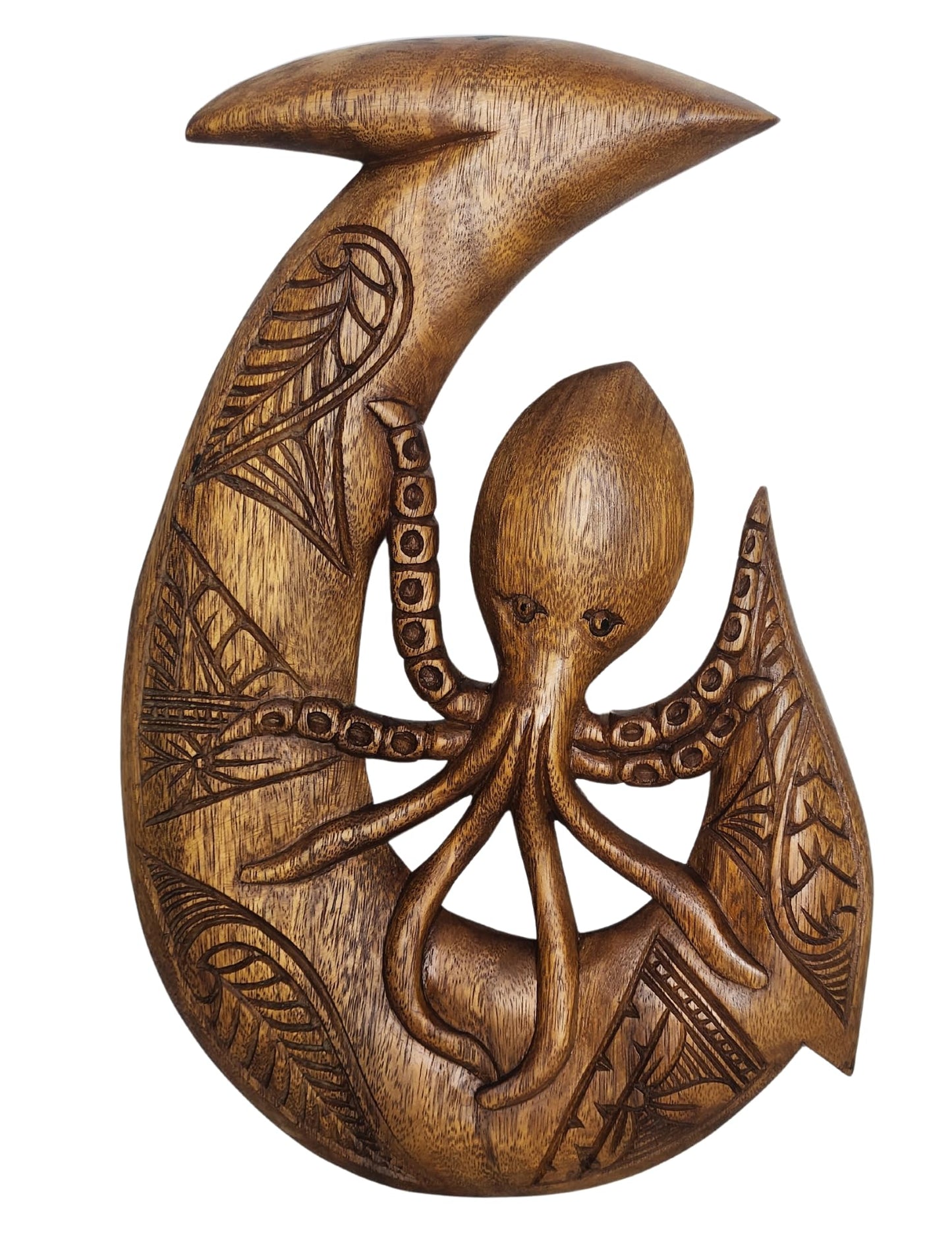 Beautiful Unique Hand Carved OCTOPUS on HOOK Nautical Tropical Coastal Island Style Wood Wall Art Picture Plaque