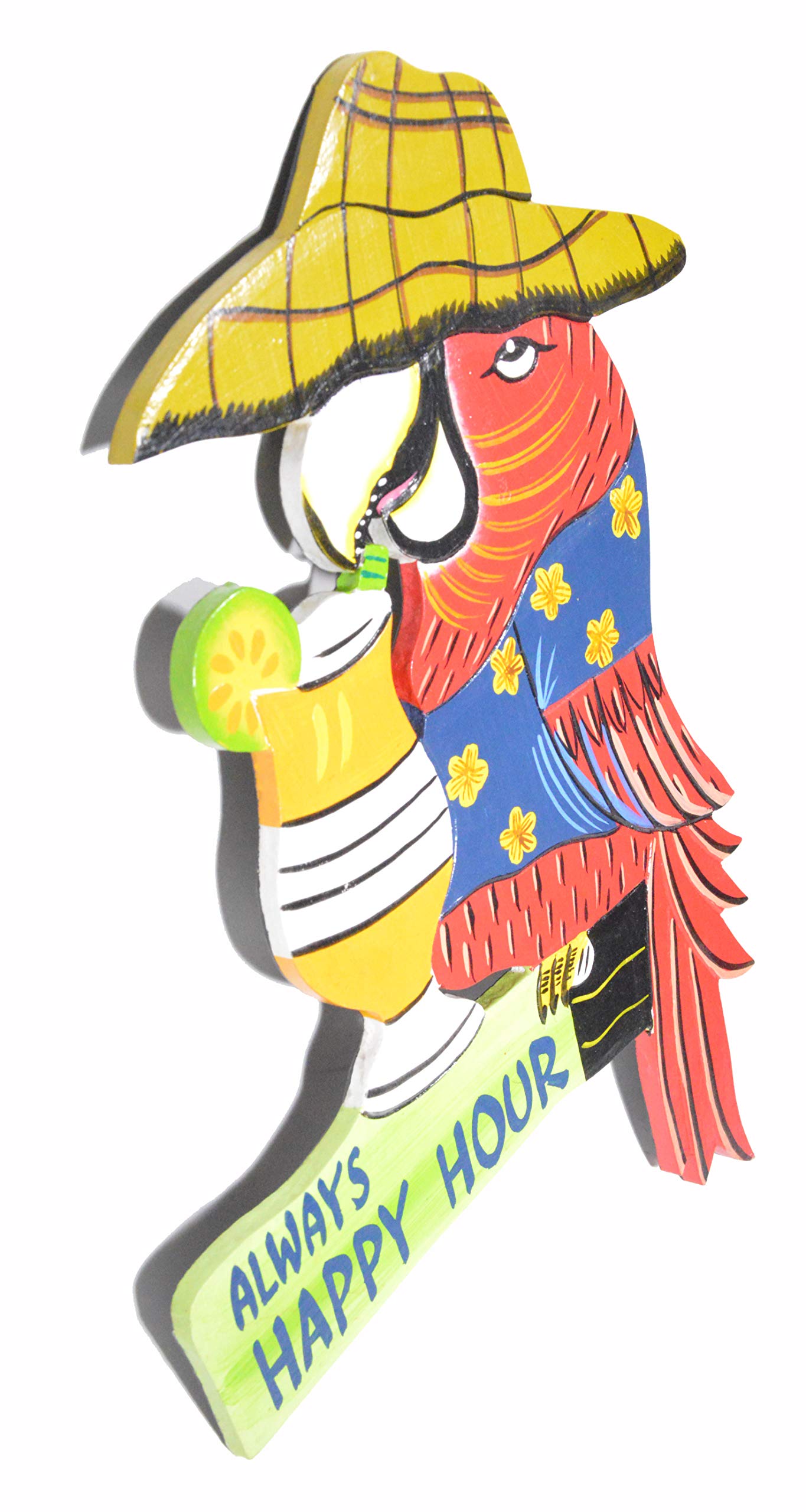 Hand Carved Wooden Always Happy Hour Cocktails Parrot Drinking Beach Sign
