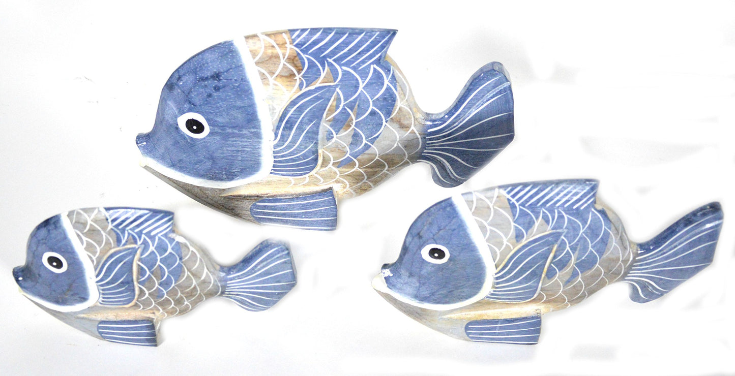 Diaotec Beautiful Unique Set of 3 Blue Wooden Fish Hand Carved Statue Sculpture Art