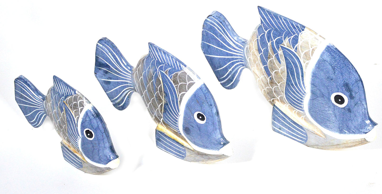 Diaotec Beautiful Unique Set of 3 Blue Wooden Fish Hand Carved Statue Sculpture Art