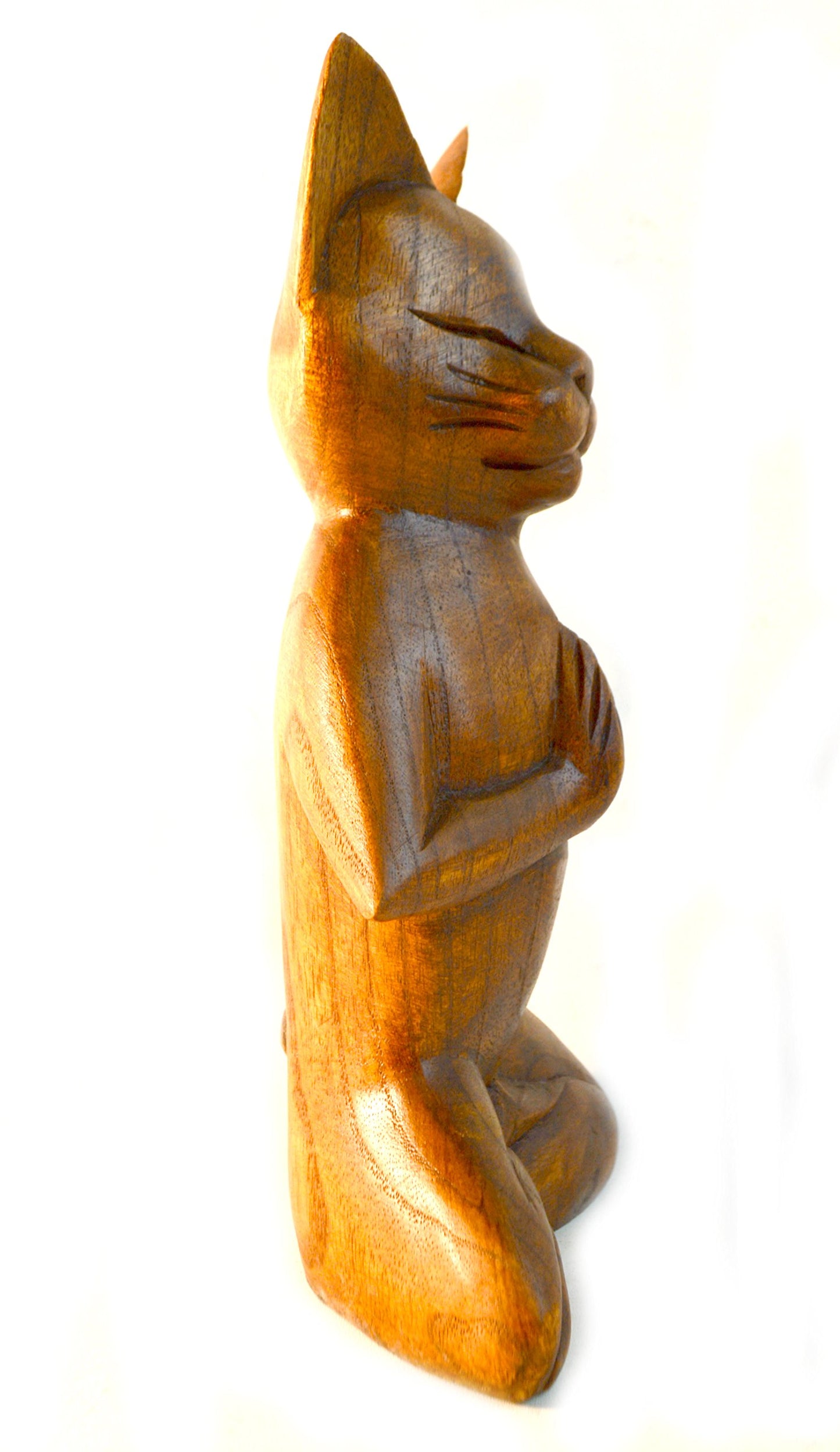 Meditating Yoga Kitty Statue Hand Painted Carved Wood Praying Cat Kitten Siamese