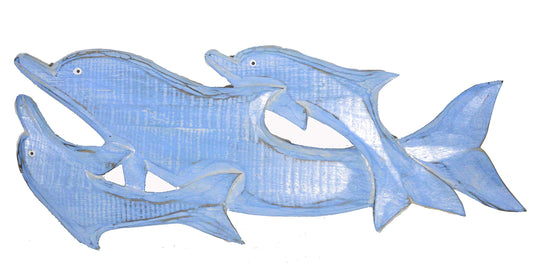 New LG Hand Carved Blue White WASH Wood Dolphin Family Wall Art Hanging Tropical Nautical Decor