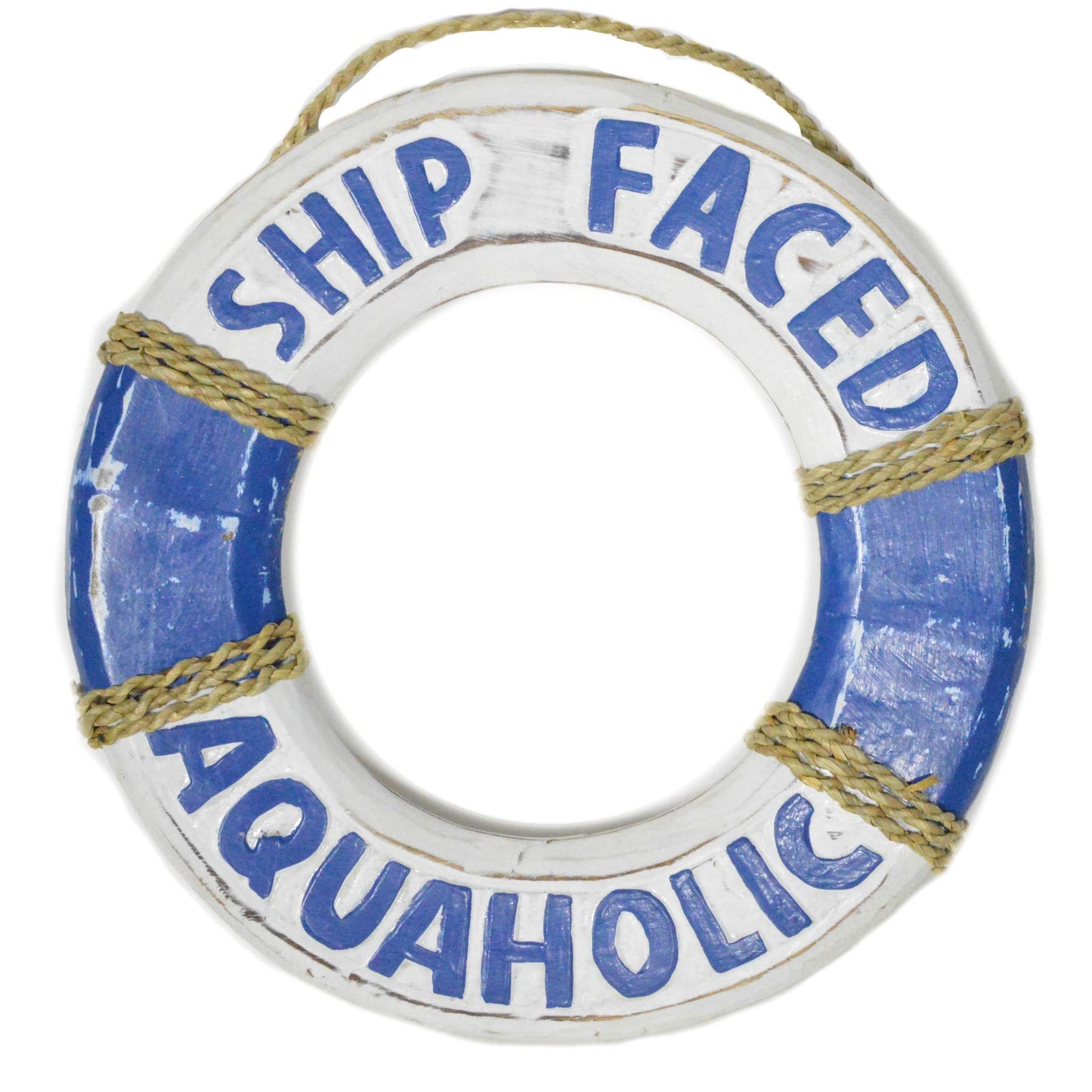 12" Hand Carved Lifesaver Buoy Ship Faced Aquaholic Cute Sign White Wash