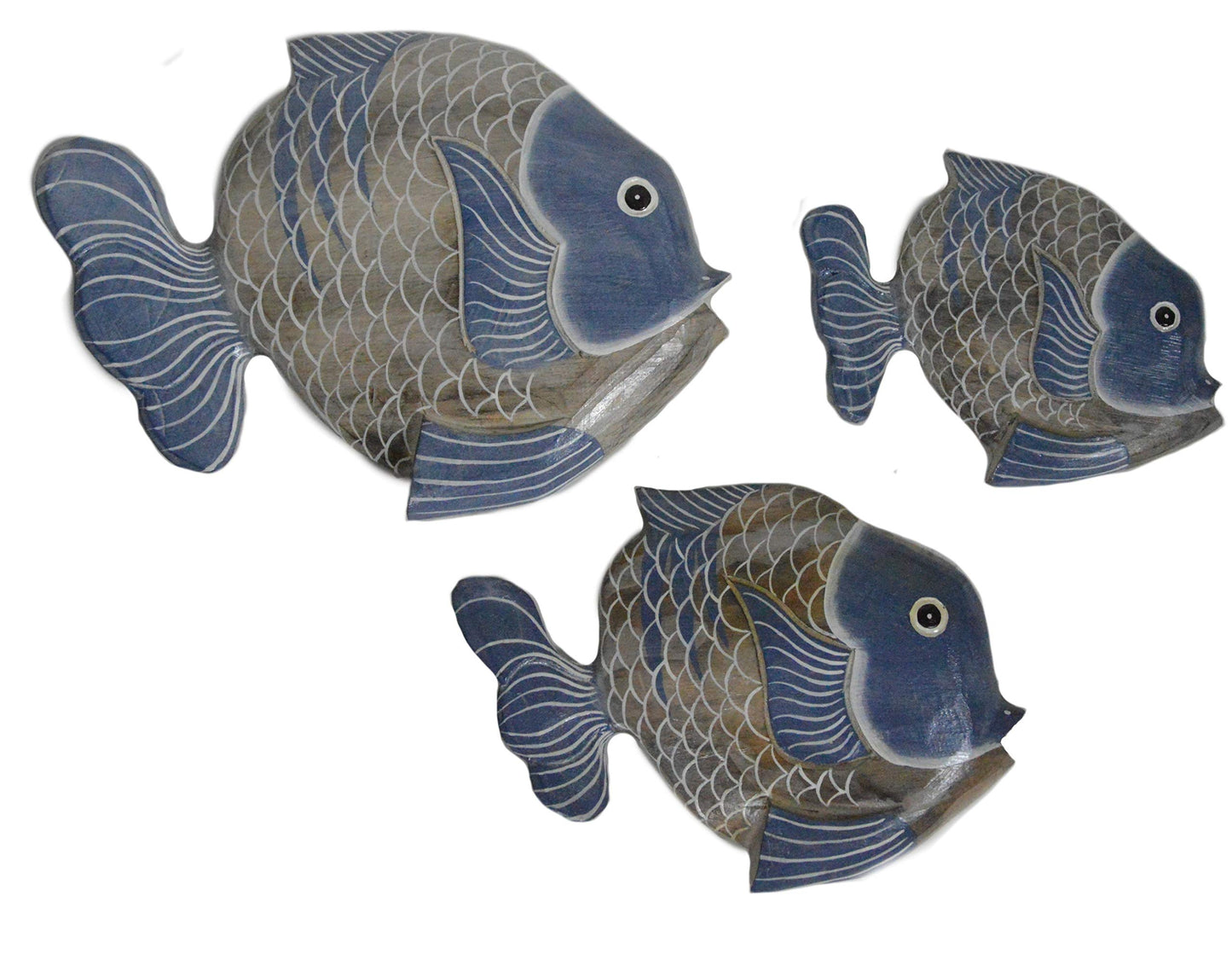 Beautiful Unique Set of 3 Wooden Fish Hanging Wall Art Hand Carved Statue Sculpture