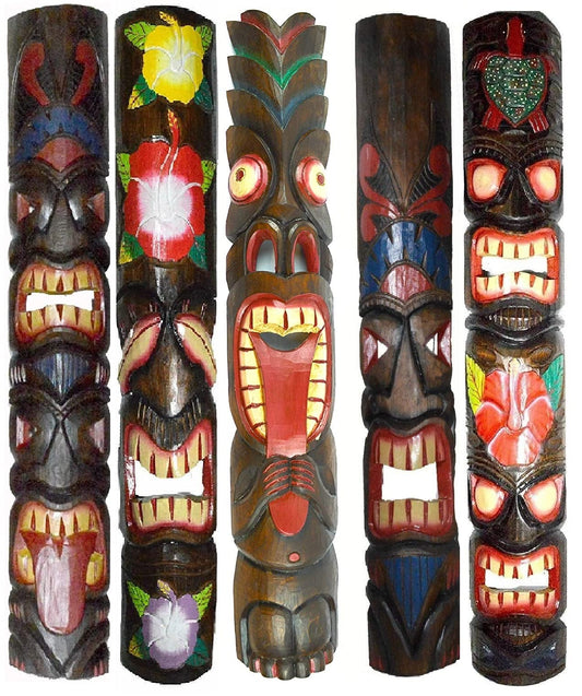 WorldBazzar Set of 5 40" Polynesian Hawaiian Tiki Bar Style Wall Masks Island Art