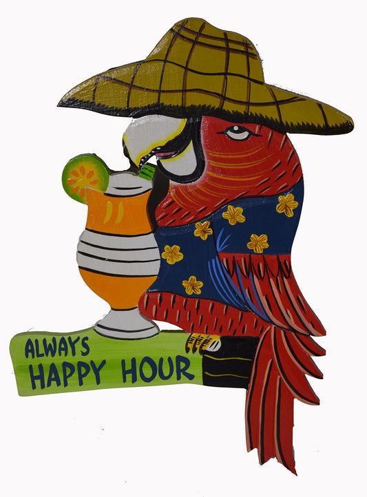Hand Carved Wooden Always Happy Hour Cocktails Parrot Drinking Beach Sign