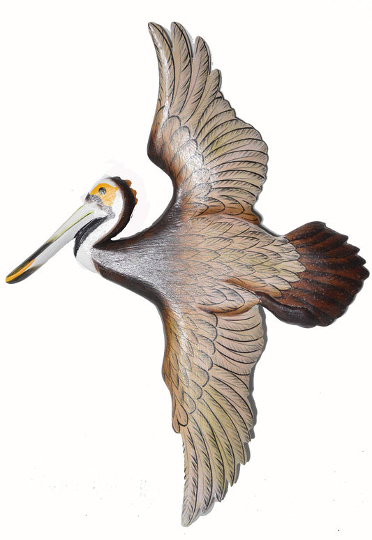 Hand Carved Flying White Wood Pelican Wall Art Hang on Tropical Nautical Decor Sign