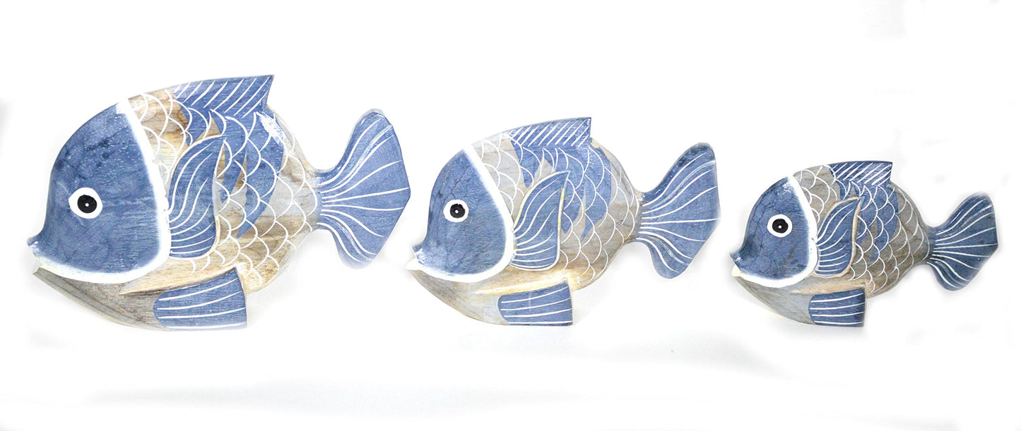 Diaotec Beautiful Unique Set of 3 Blue Wooden Fish Hand Carved Statue Sculpture Art