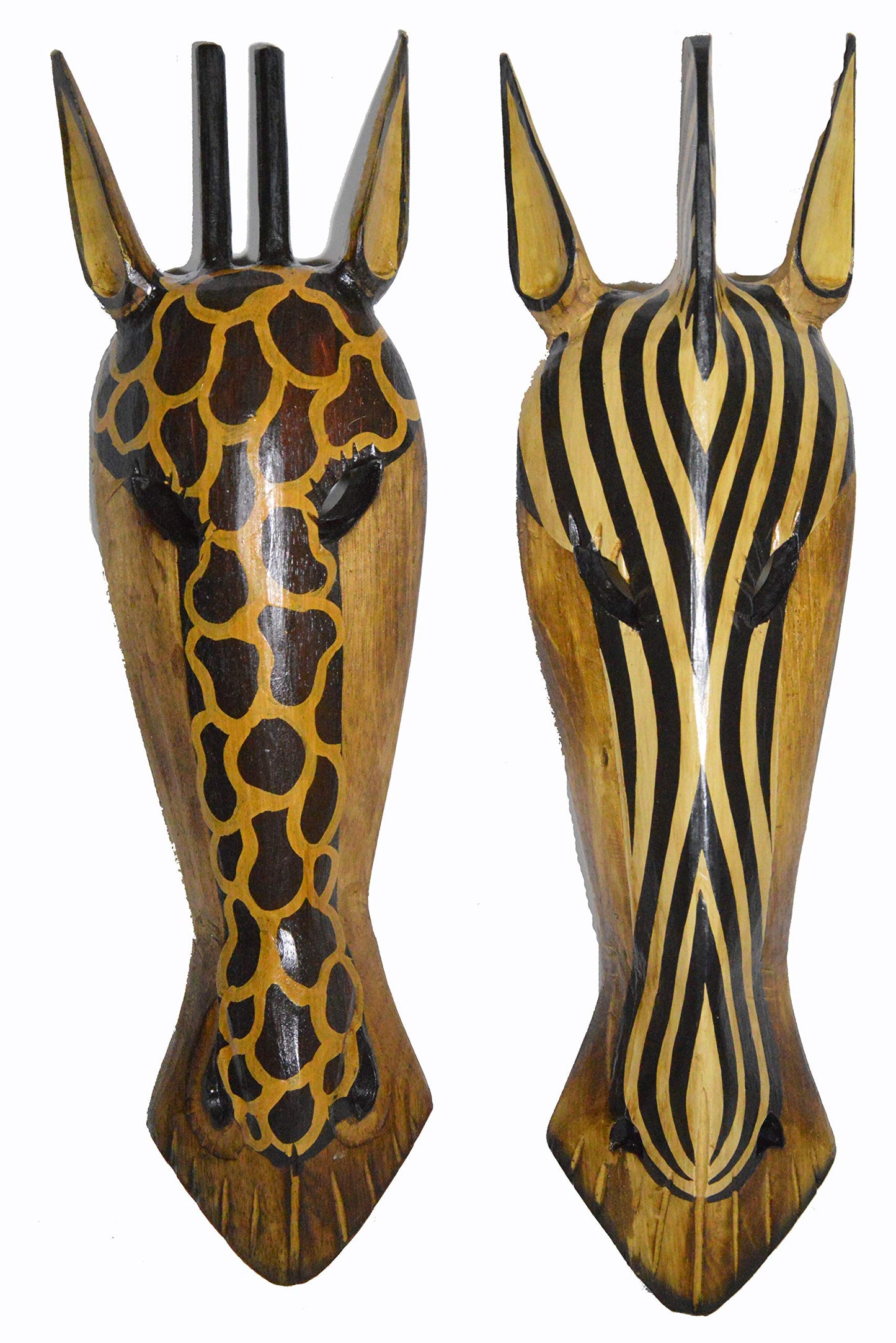 20" Pair of Giraffe and Zebra Hand Carved Tribal Head Masks