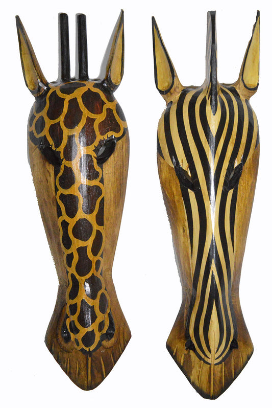 20" Pair of Giraffe and Zebra Hand Carved Tribal Head Masks