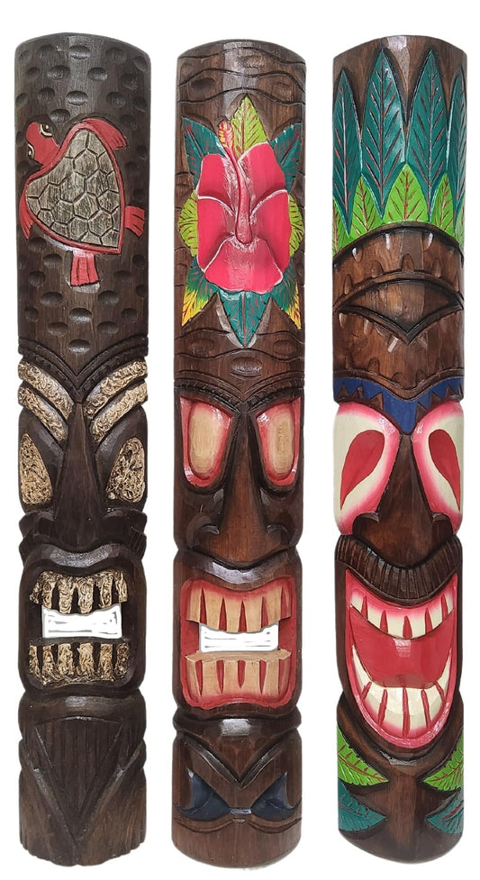 WorldBazzar 40 IN HAND CARVED BEAUTIFUL SET OF 3 POLYNESIAN TIKI GOD TRIBAL MASKS Art