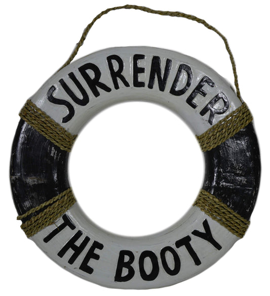 15 IN Hand Carved Wood Pirate"Surrender the Booty" Life Saver Ring Buoy Sign Plaque Wall Art Decor