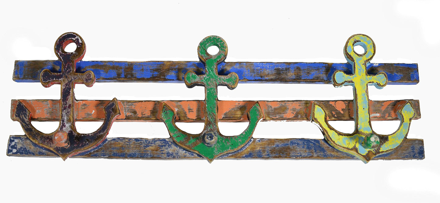 LG Hand Carved Wood Sailboat Ship Anchors with Hooks Nautical Wall Decor Towel Key Hanger