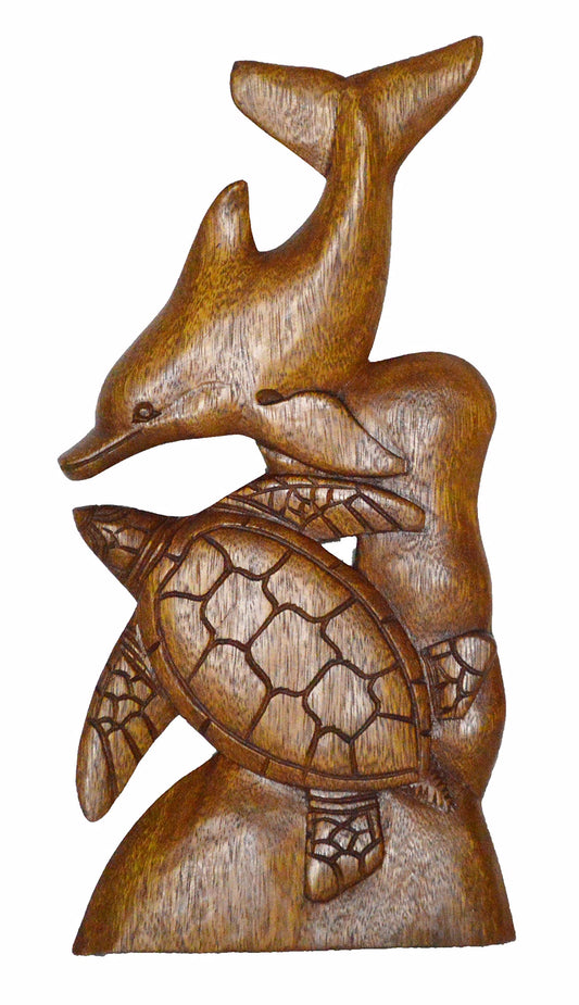 Hand Carved Beautiful Wood Turtle Dolphin Wall Sculpture Plaque