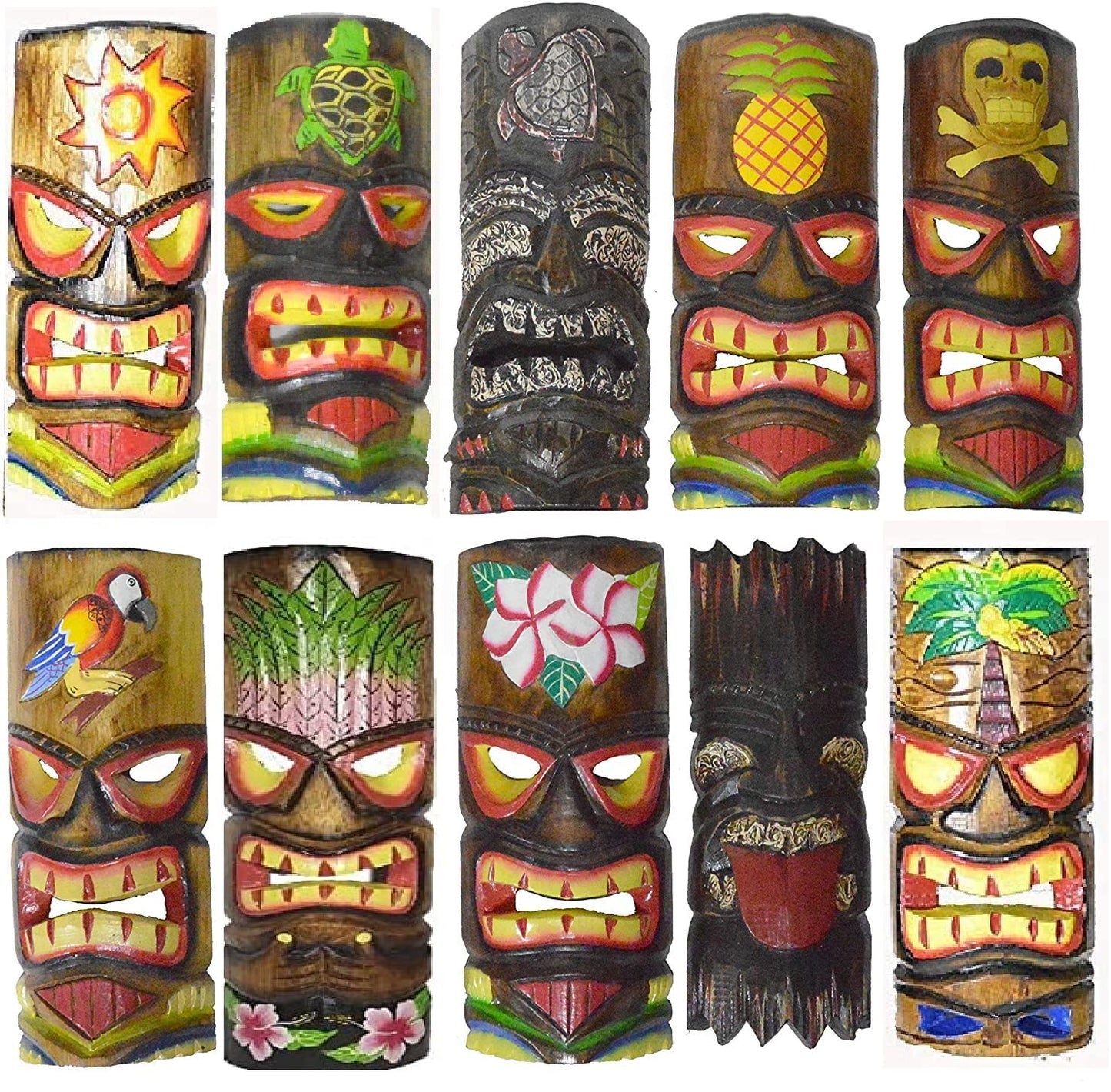 WorldBazzar World Bazzar SET OF 10 HAND CARVED POLYNESIAN HAWAIIAN TIKI STYLE MASKS 12 IN TALL, Blue, Red, Brown, Green, Yellow, White, Pink, Black, Medium