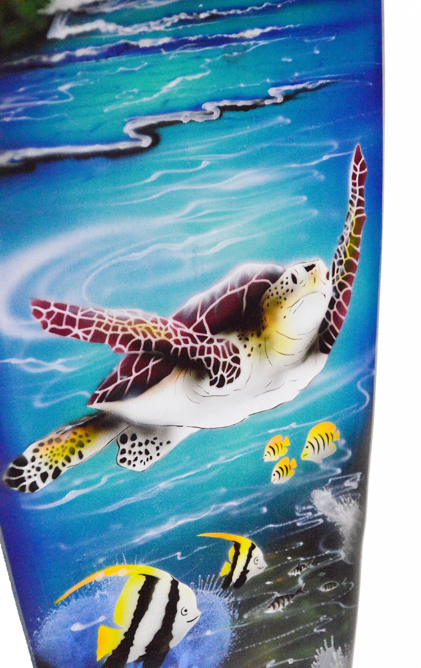 WorldBazzar Hand Carved Wooden Large SEA TURTLE Palm Tree Sunset Ocean Coral Fish Beach Art Airbrushed Surfboard Art Beer Tiki Bar, YELLOW, GREEN, WHITE, BROWN, BLUE