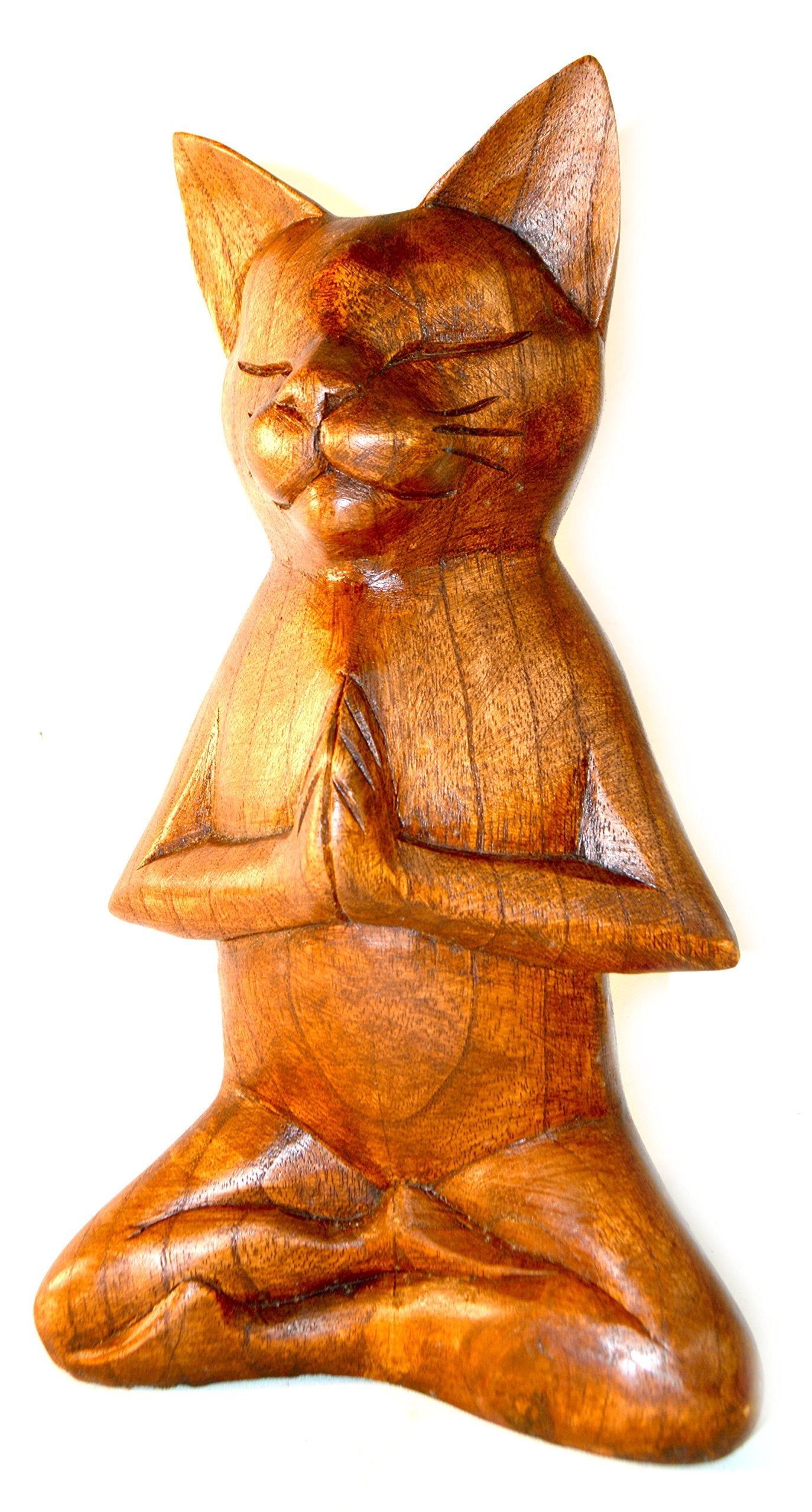 Meditating Yoga Kitty Statue Hand Painted Carved Wood Praying Cat Kitten Siamese