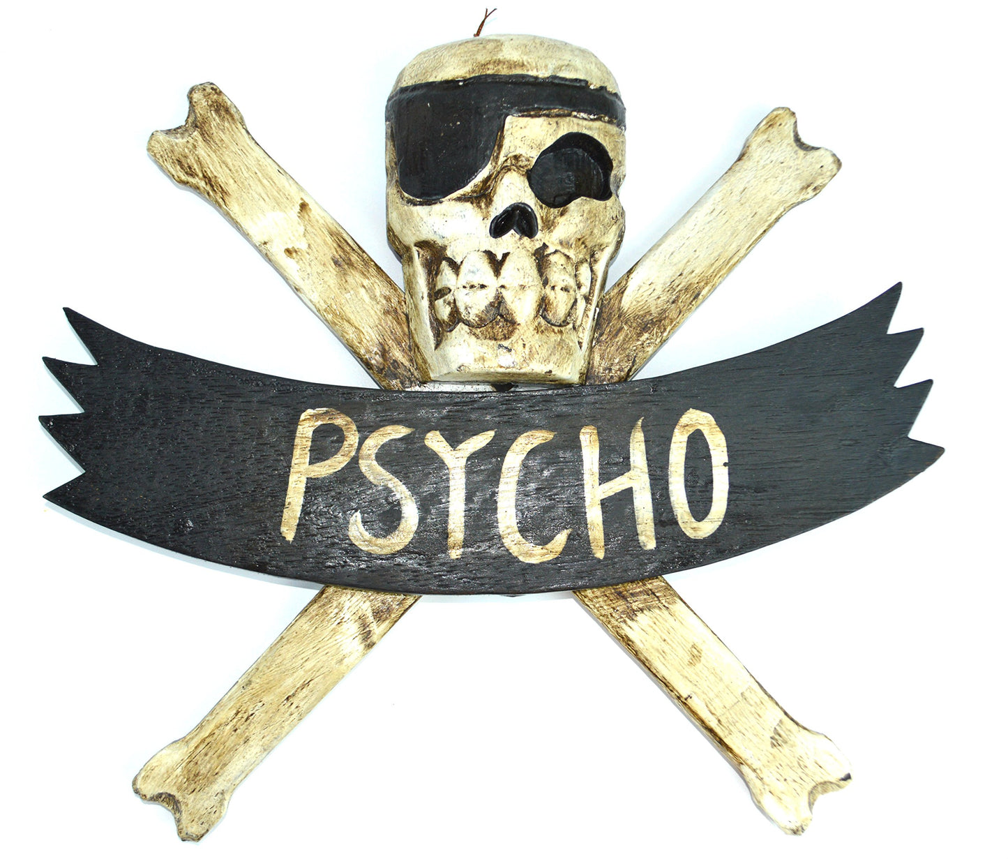 LG 12 inch Hand Carved Wood Pirate Skull Cross Bone Psycho Sign Plaque Wall Art Decor